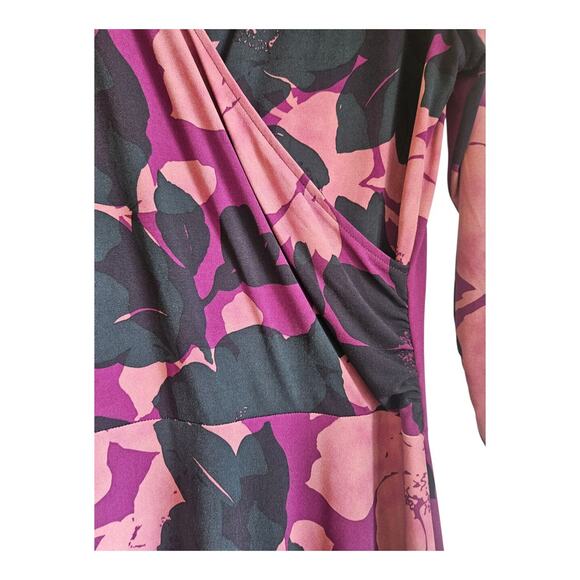Cabi Dress LG Purple Black Floral Print Faux Wrap Midi Stretch 3/4 Sleeve V-Neck - Picture 6 of 10